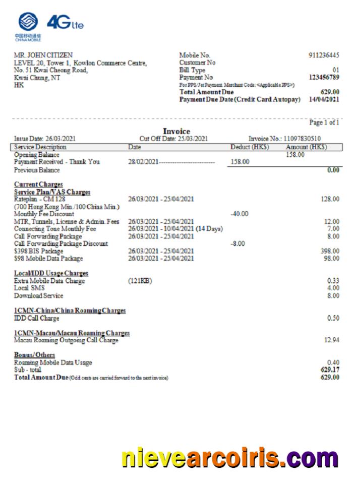China Mobile Limited payment invoice
